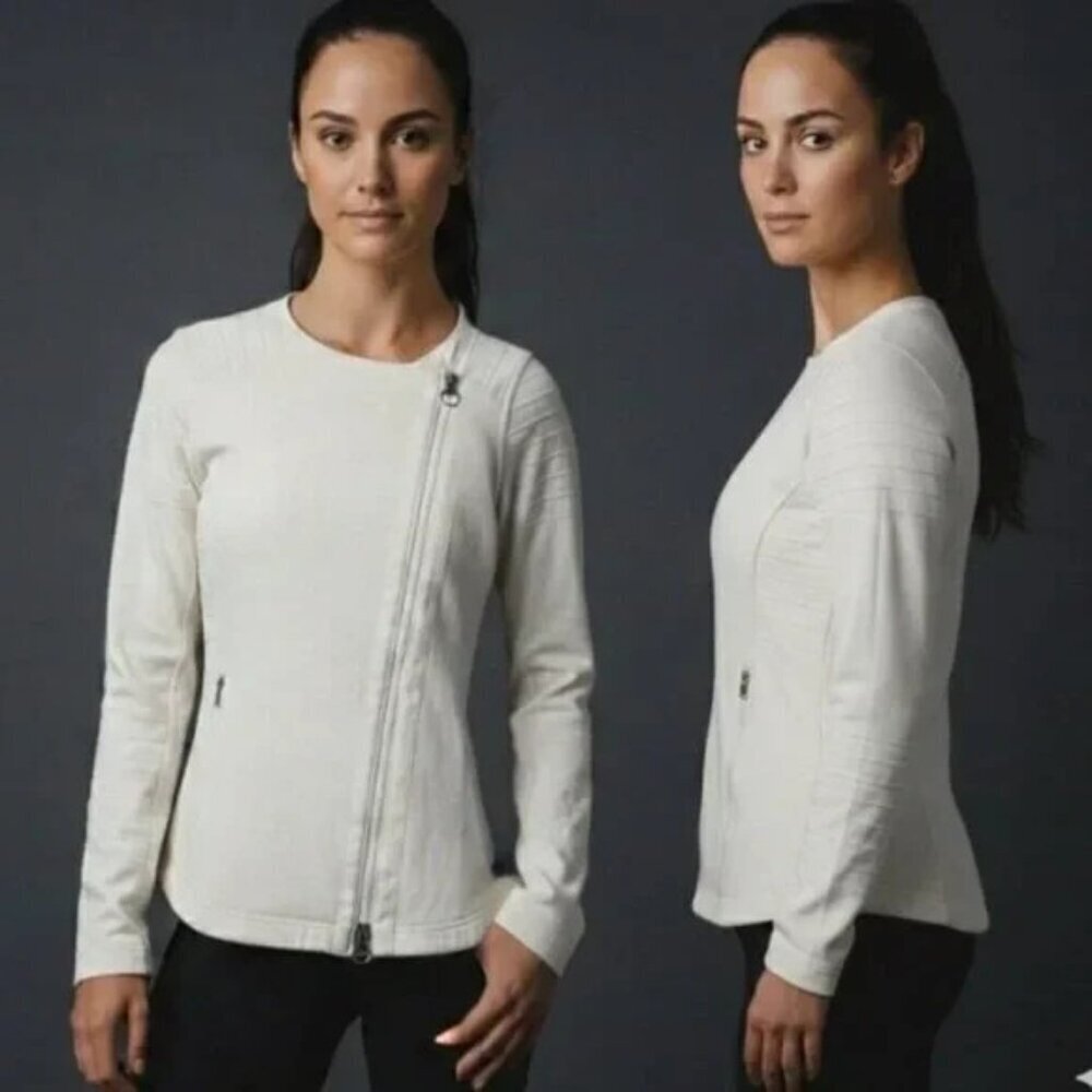 ATHLETA Size Small Magnolia White Moto Jacket Stretchy Full Zip Fitted Soft